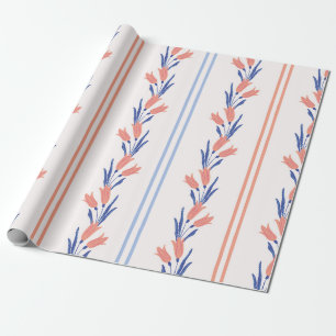 Papel De Presente Listras Florais Salmão e Azul Pré-Vintage