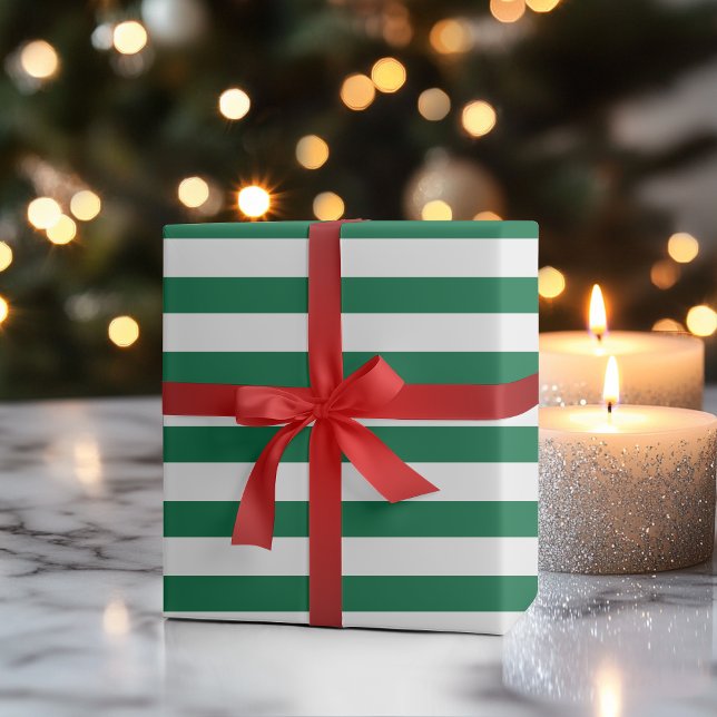 Papel De Presente Listras Horizontais Largas Verde Garrafa e Branco (Criador carregado)