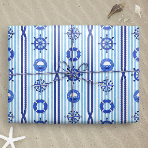 Papel De Presente Listras Náuticas Azuis com Motivos Marítimos
