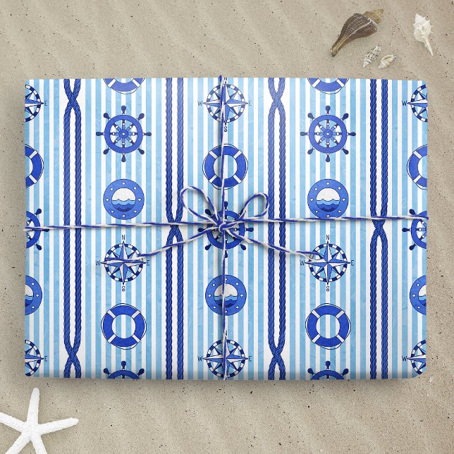 Papel De Presente Listras Náuticas Azuis com Motivos Marítimos (Blue Nautical Stripes with Maritime Motives wrapping paper gift mockup)