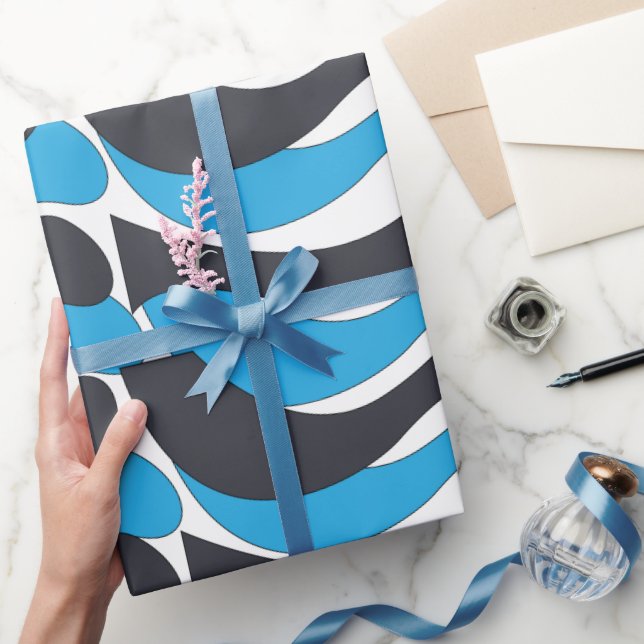 Papel De Presente Listras Onduladas Cinza Azul (Presentear)