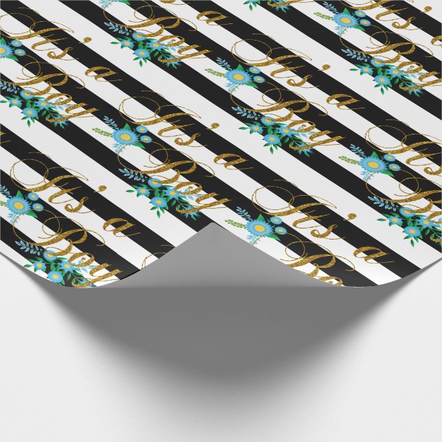 Papel De Presente Listras preto e branco elegantes com floral azul (Ponta)