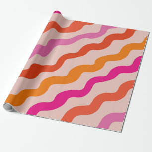 Papel De Presente Listras Retrô Abstratas Ondas Rosa Vermelho Laranj