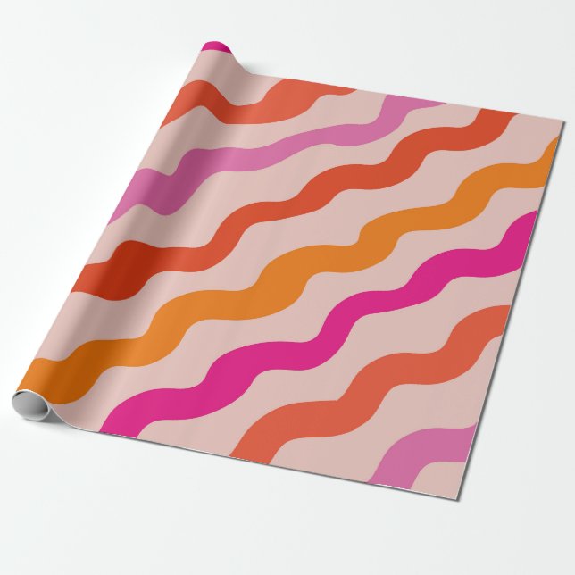 Papel De Presente Listras Retrô Abstratas Ondas Rosa Vermelho Laranj (Desenrolado)