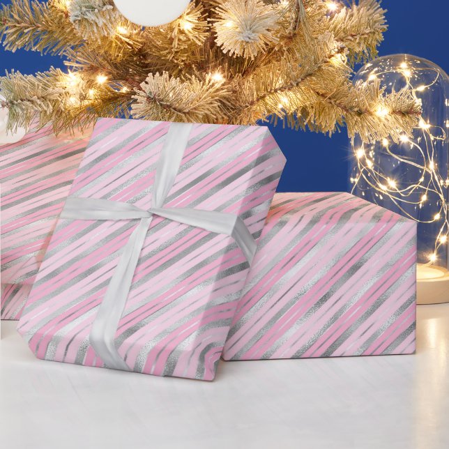 Papel De Presente Listras Rosa Claro e Prata (Feriados)