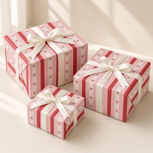 Papel De Presente Listras Rosa Vermelho Laços Coquette Natal