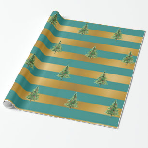 Papel De Presente Listras Verdes Douradas Elegantes, Pinheiros, Feri