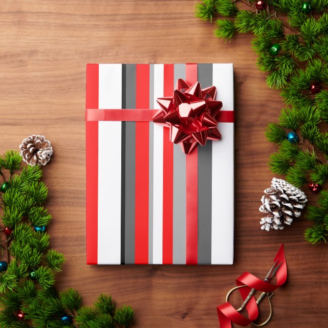 Papel De Presente Listras vermelhas brancas e cinzas (Presente de Natal)
