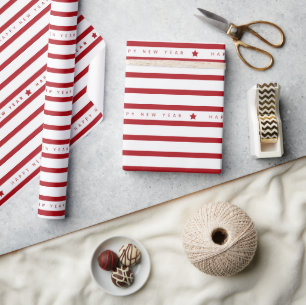 Papel De Presente Listras Vermelhas e Brancas Festivas Feliz Ano Nov