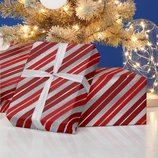 Papel De Presente Listras Vermelhas e Folha de Prata de Natal (Feriados)