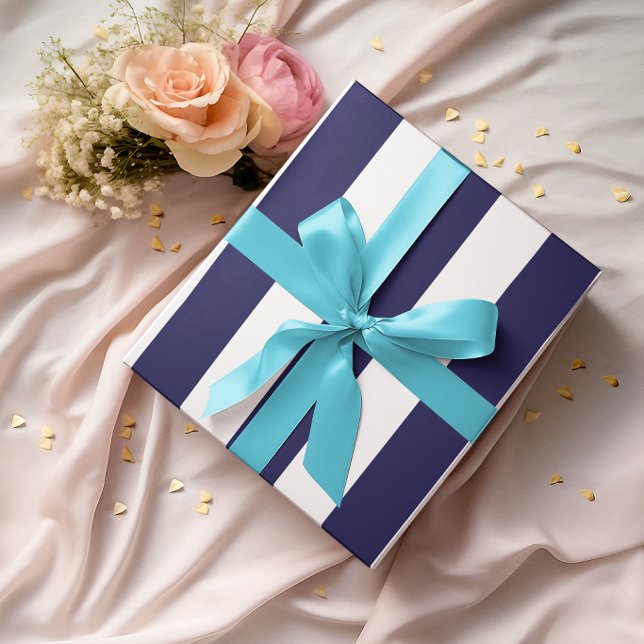 Papel De Presente Listras Verticais Grandes Navy e Brancas (Large Navy and White Vertical Stripes Wrapping Paper)