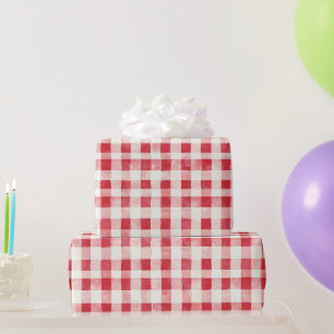 Papel De Presente Listras Xadrez Vermelho Creme de Aniversário