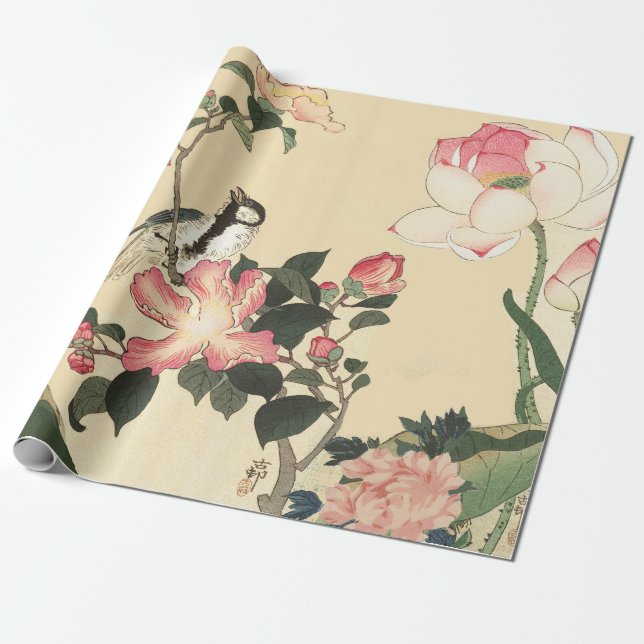 PAPEL DE PRESENTE LITTLE BIRD WITH PINK ROSES AND LOTUS FLOWERS (Desenrolado)