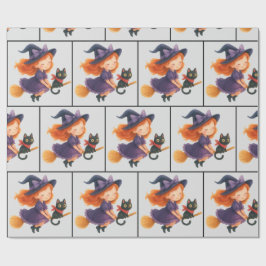 Papel De Presente Little Witch Cat Flying Halloween Girl Baby Shower