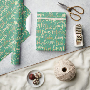 Papel De Presente Live Laugh Love Faux Dourado Letreiro Verde