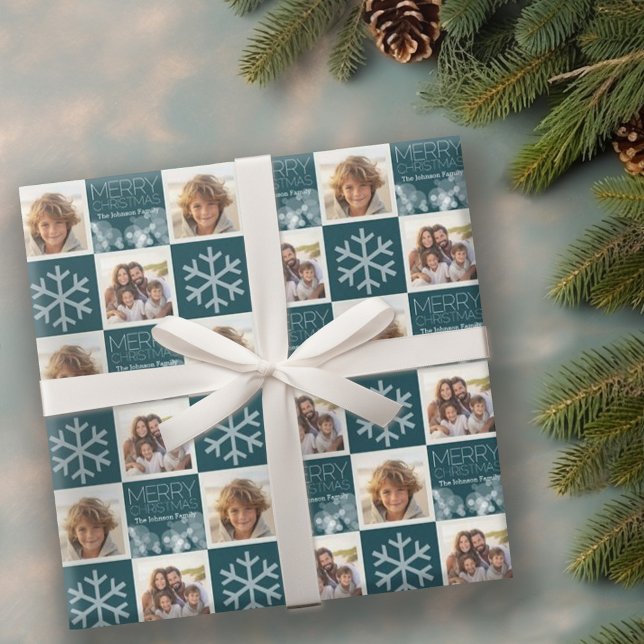 Papel De Presente Livro Azul de Natal Moderno Personalizado (Personalized wrapping paper with 2 photos)