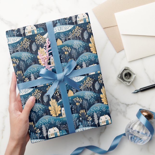 Papel De Presente Livro Azul Escandinavo de Natal - Presente (Presentear)