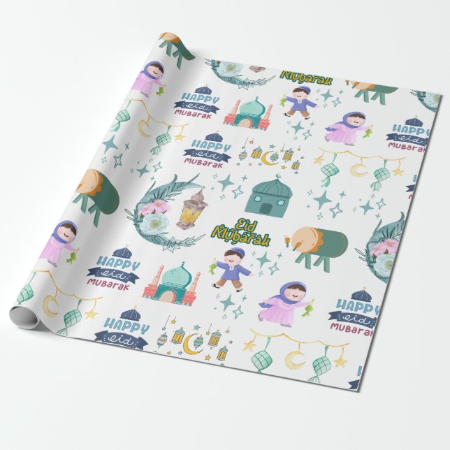 Papel De Presente Livro Branco Eid Al-Fitr Mubarak (Desenrolado)