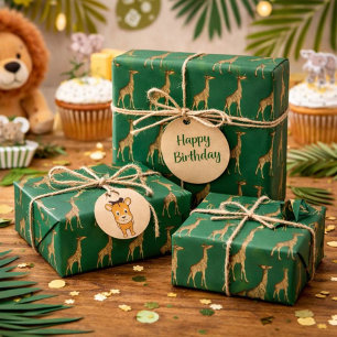 Papel De Presente Livro de Design das Girafas Verde Safari