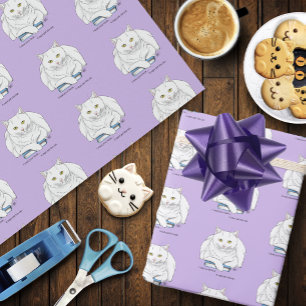 Papel De Presente Livro de Gato Branco Engraçado Lendo Humor Roxo