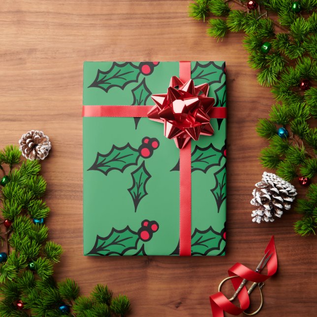 Papel De Presente Livro Verde da Holly de Natal (Presente de Natal)
