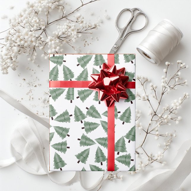 Papel De Presente Livro Verde das Árvores de Natal Oferece Presentes (Green Christmas Trees Abstract Art Minimalist Cute Wrapping Paper)