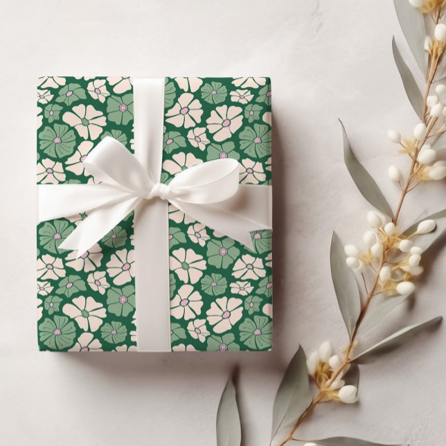 Papel De Presente Livro Verde escuro e branco creme (Bloomy Dark green wrap paper for christmas, birthdays and house warming parties)