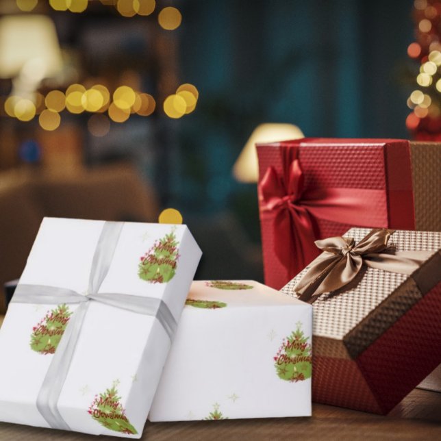 Papel De Presente Livro Verde sobre ornamentos vermelhos (Green Christmas tree with red ornaments Wrapping Paper; is a great way to show your holiday spirit.)
