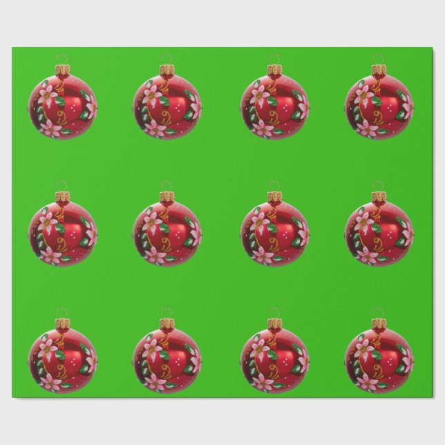 Papel De Presente Livro Verde sobre ornamentos Vermelhos (Barra)