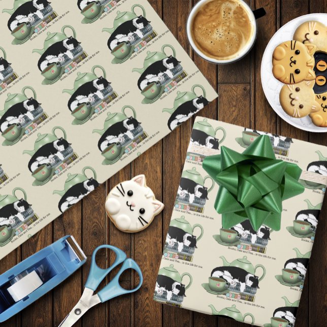Papel De Presente Livros Aconchegantes Gato Smoking Chá Bule de Chá  (Criador carregado)