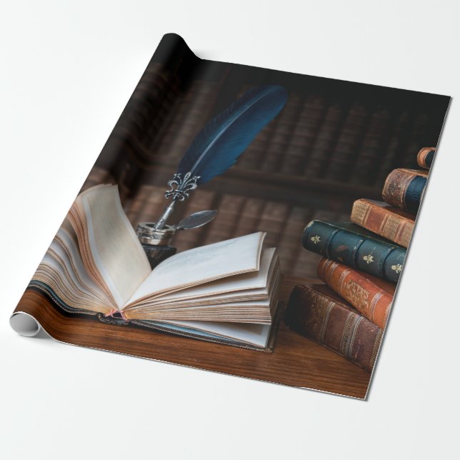 Papel De Presente Livros antigos, canetas-de-colina e poeira-tinteir (Desenrolado)