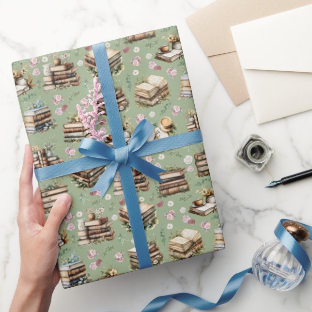 Papel De Presente Livros Antigos & Flores em Verde Sage (Presentear)