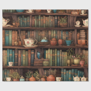 Papel De Presente Livros, Bules e Plantas em Prateleiras