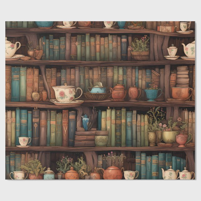Papel De Presente Livros, Bules e Plantas em Prateleiras (Aberto)