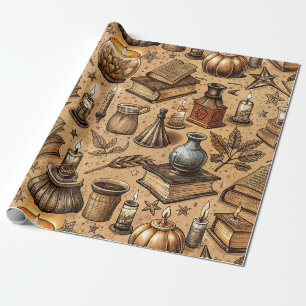 Papel De Presente Livros de Bruxaria Vintage e Padrão de Velas