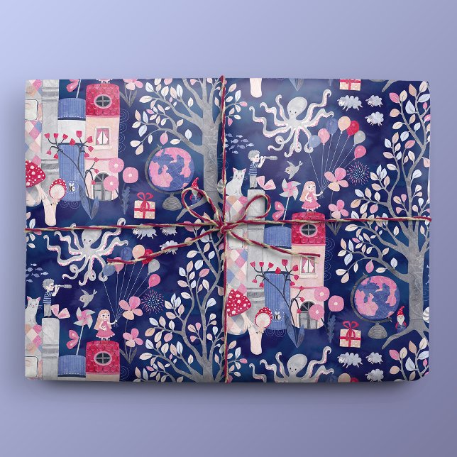 Papel De Presente Livros de conto e criaturas mágicas azuis (Gift Mockup)