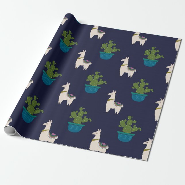 Papel De Presente Llamas e Cactus no Marinho (Desenrolado)