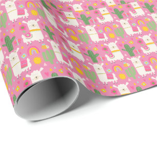Papel De Presente Llamas Rainbows Green Cactus Light Girly Pink Cuga