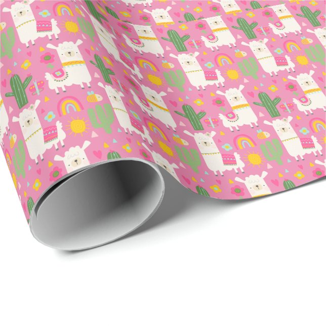 Papel De Presente Llamas Rainbows Green Cactus Light Girly Pink Cuga (Ponta do rolo)