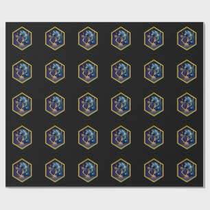 Papel De Presente Lobisomem Azul Tocando Uma Harpa Dourada