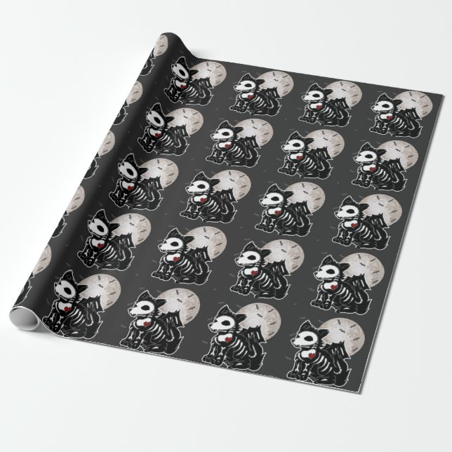 Papel De Presente Lobo Anime Emo Gótico Esqueleto Halloween Cachorro (Desenrolado)
