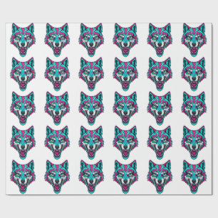 Papel De Presente Lobo Neon Cyberpunk - Animal Robótico Synthwave