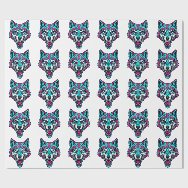 Papel De Presente Lobo Neon Cyberpunk - Animal Robótico Synthwave (Aberto)