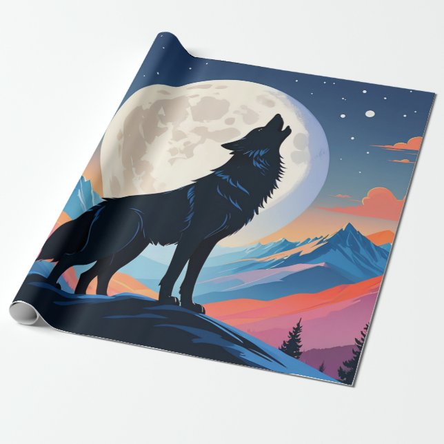 Papel De Presente Lobo Uivando Para a Lua (Desenrolado)