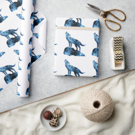 Papel De Presente Lobo Uivando silhueta de fumaça cintilante azul