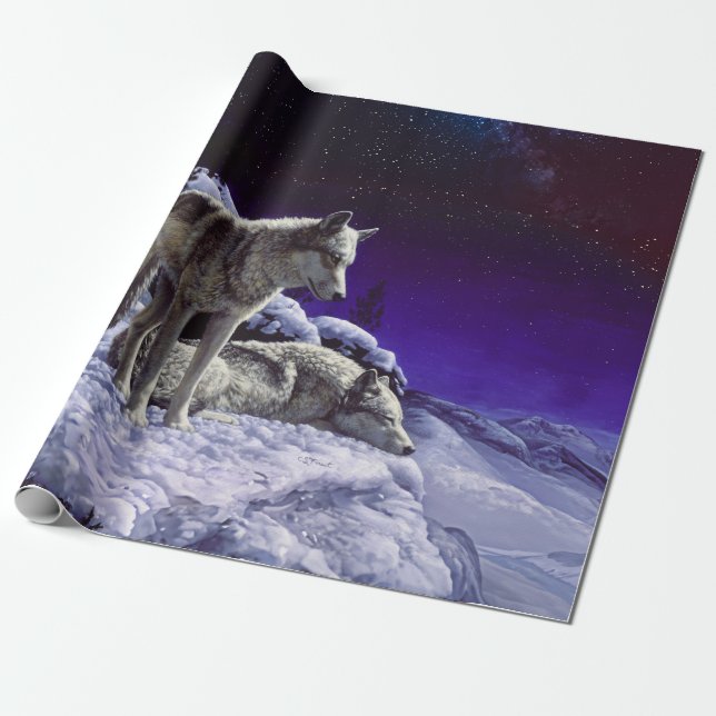 Papel De Presente Lobos cinzas na neve de inverno à noite (Desenrolado)