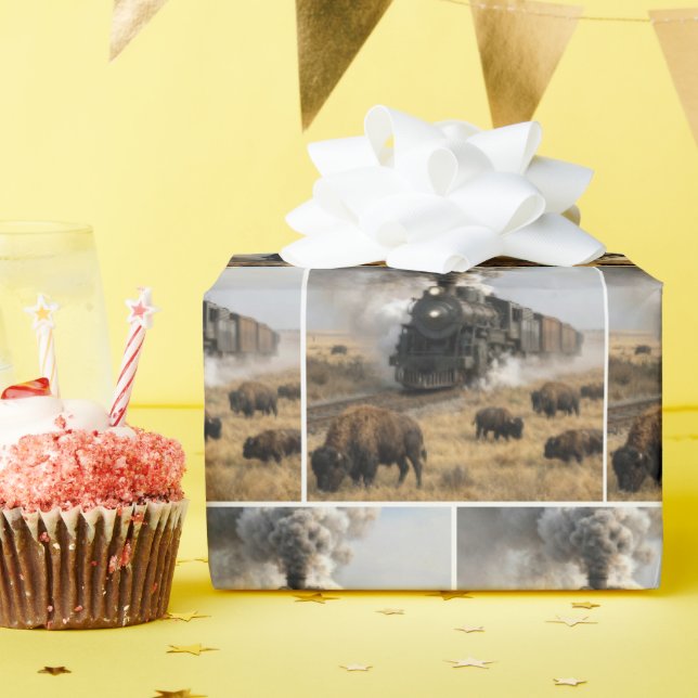 Papel De Presente Locomotiva a Vapor com Búfalos Pastando (Festa de aniversário)