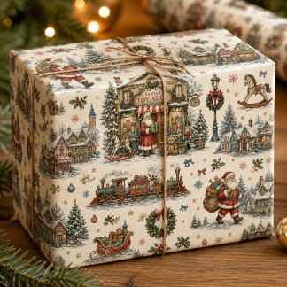 Papel De Presente Loja de Brinquedos Colorida do Papai Noel Aldeia N