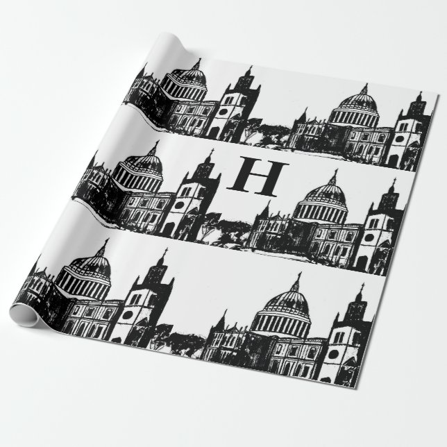 Papel De Presente London England Elegant Black White Monograma (Desenrolado)