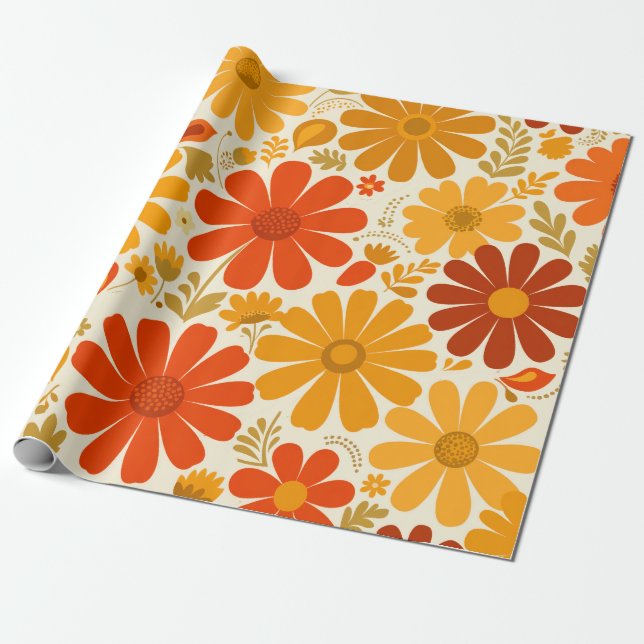 Papel De Presente Lontanas Flores Alegres Rétro Queimadas Laranja Do (Desenrolado)